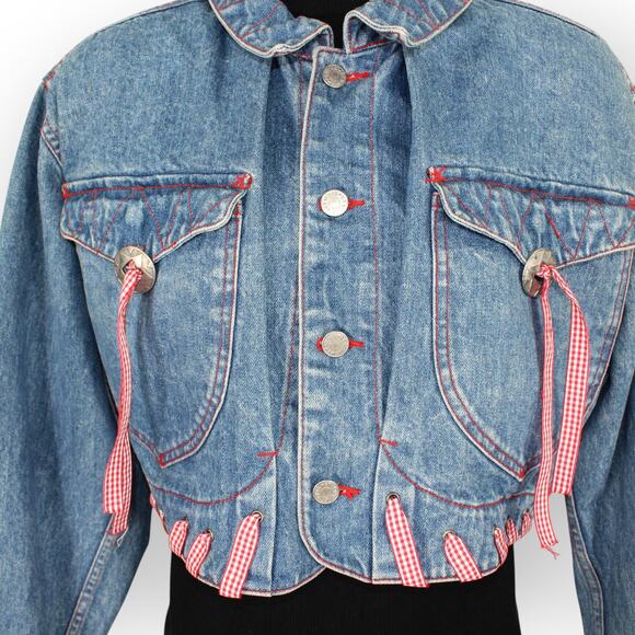 Vintage M/L HystericEtVous Crop Denim Jean Jacket Western Red Gingham Cowgirl - Picture 6 of 16